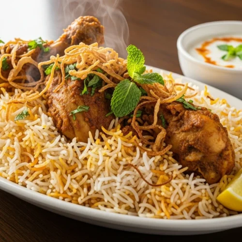 Best Chicken Biryani Recipe served in a clay bowl with saffron rice and herbs
