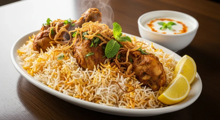 Best Chicken Biryani Recipe served in a clay bowl with saffron rice and herbs