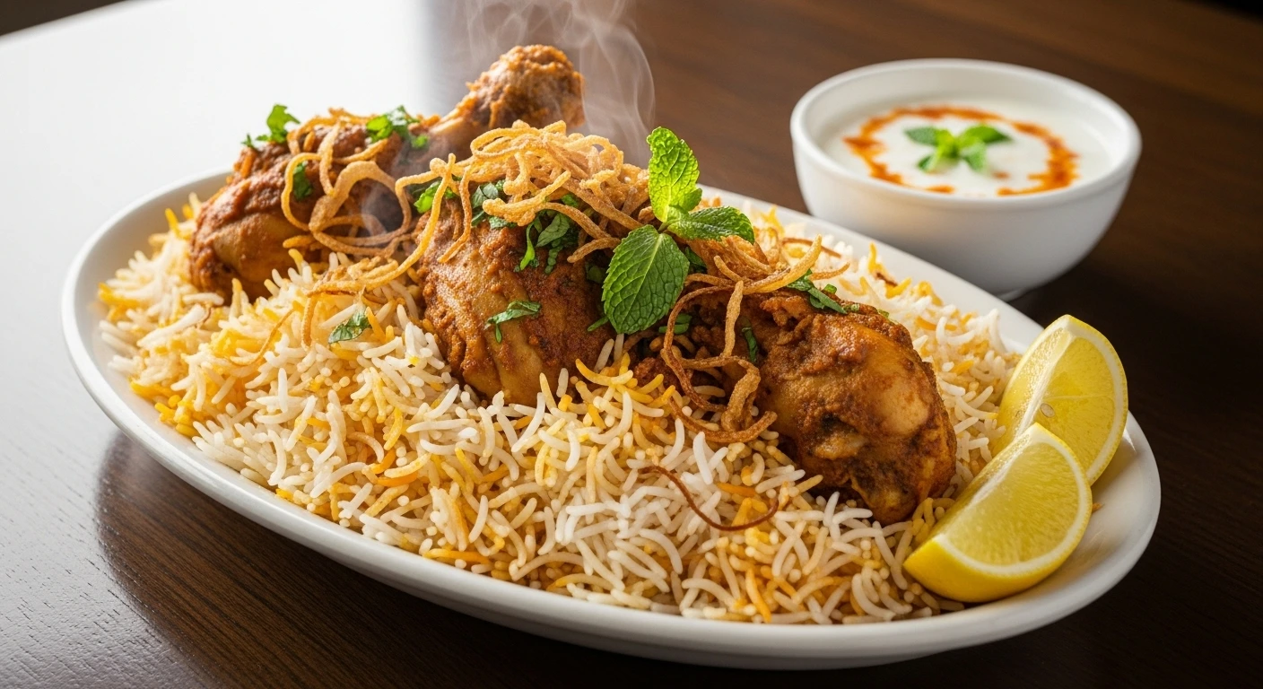 Best Chicken Biryani Recipe served in a clay bowl with saffron rice and herbs