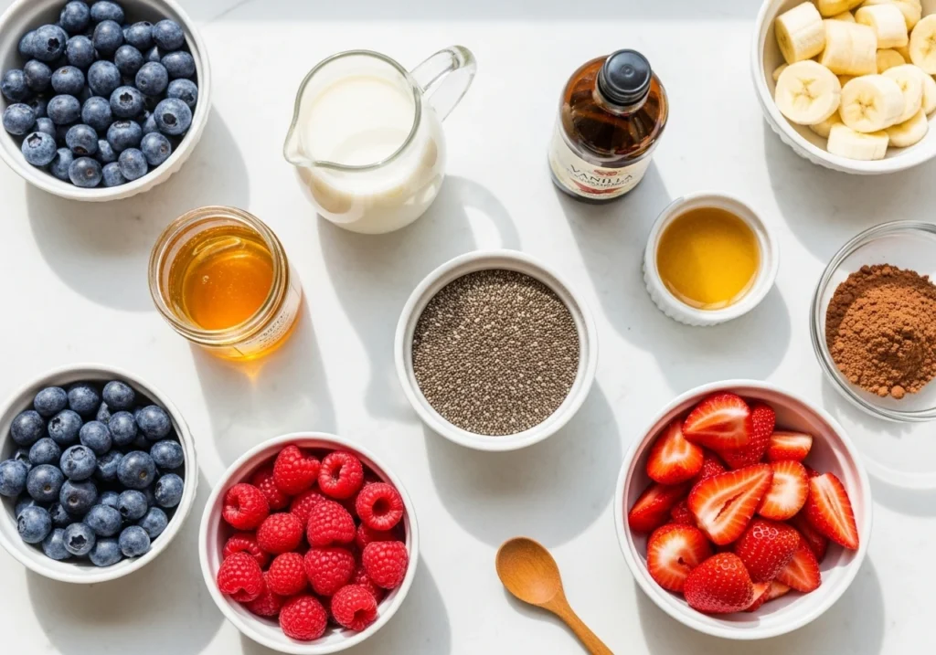 Ingredients for chia pudding recipe including chia seeds, almond milk, and fruit arranged neatly on a table.