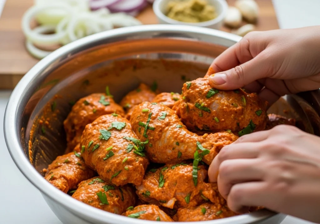 Step-by-step process of layering and cooking chicken biryani