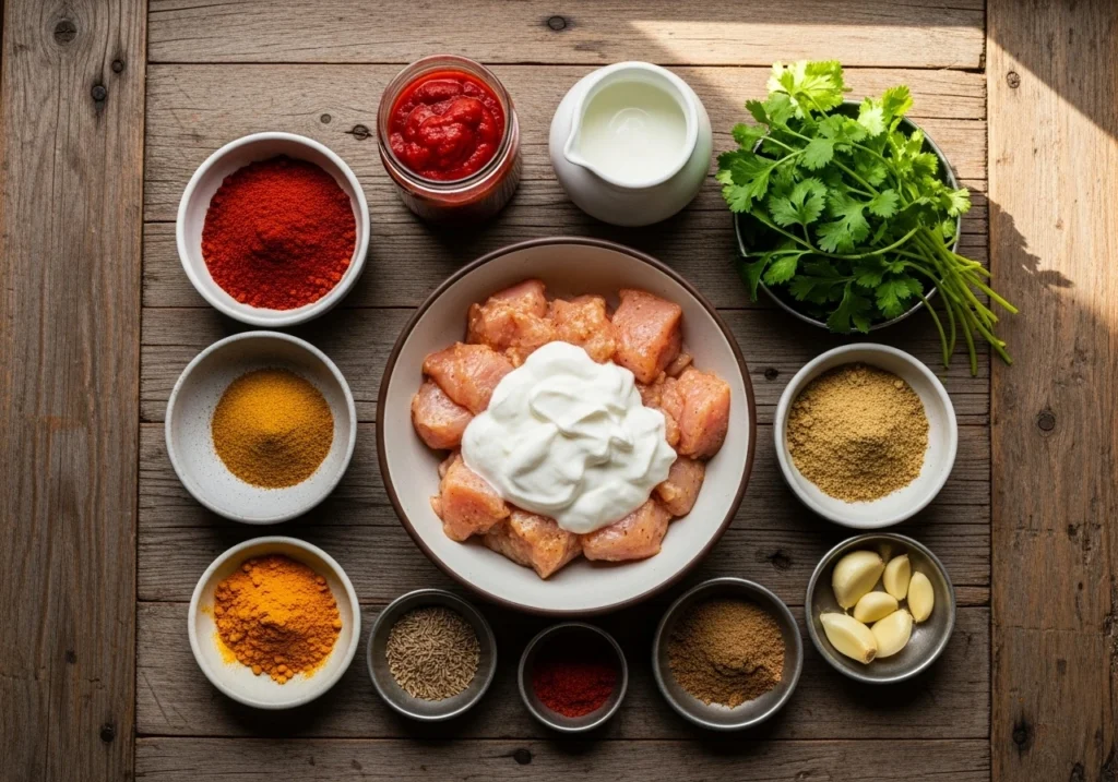 Ingredients for chicken tikka masala including spices, yogurt, and chicken on a rustic table.
