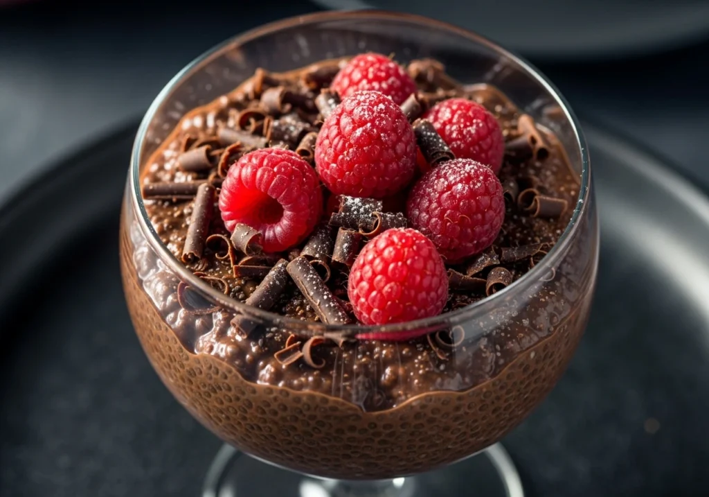 Chocolate chia pudding topped with raspberries and chocolate shavings.