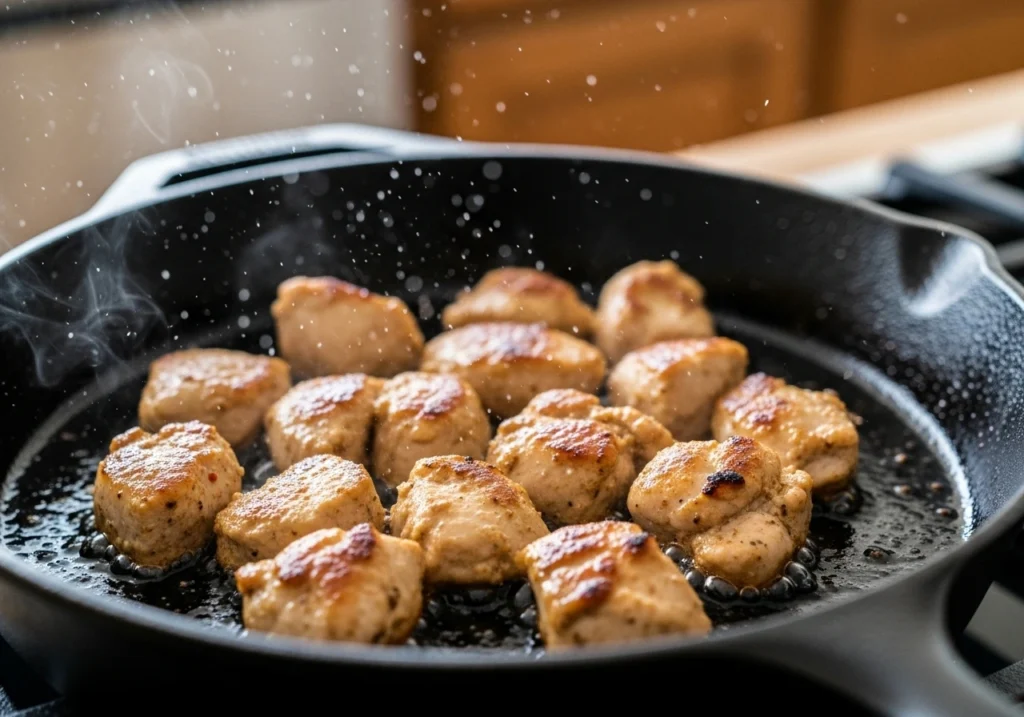 Cooking chicken tikka masala in a skillet with tomato cream sauce and spices.