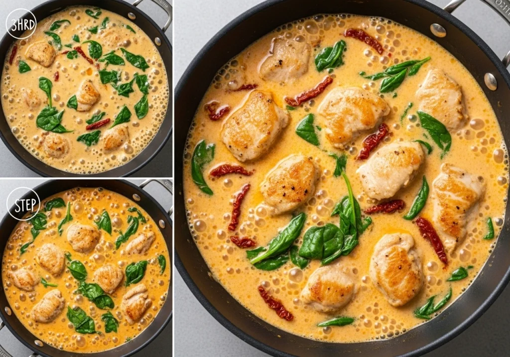 Cooking steps showing chicken searing in a skillet and creamy Tuscan sauce simmering with tomatoes and spinach.