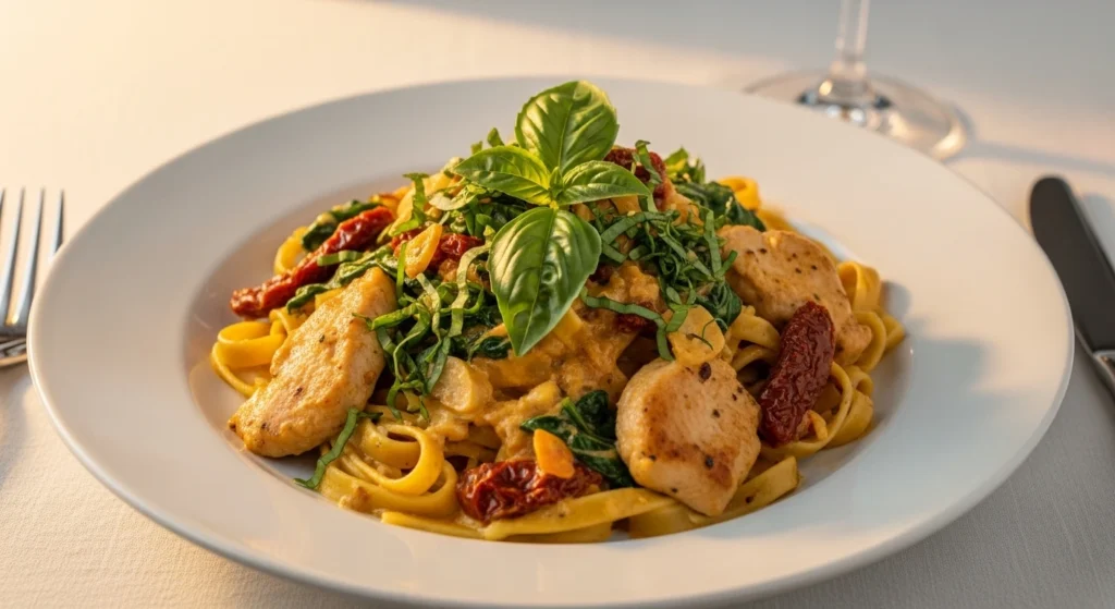 Creamy Tuscan chicken pasta in a rustic bowl with chicken, sun-dried tomatoes, and spinach in a creamy Parmesan sauce.