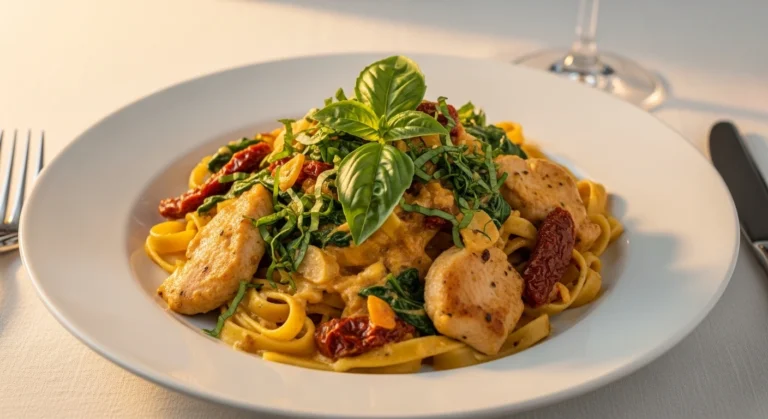 Creamy Tuscan chicken pasta in a rustic bowl with chicken, sun-dried tomatoes, and spinach in a creamy Parmesan sauce.
