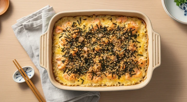 Easy and delicious salmon sushi bake in a ceramic dish with golden topping and furikake.