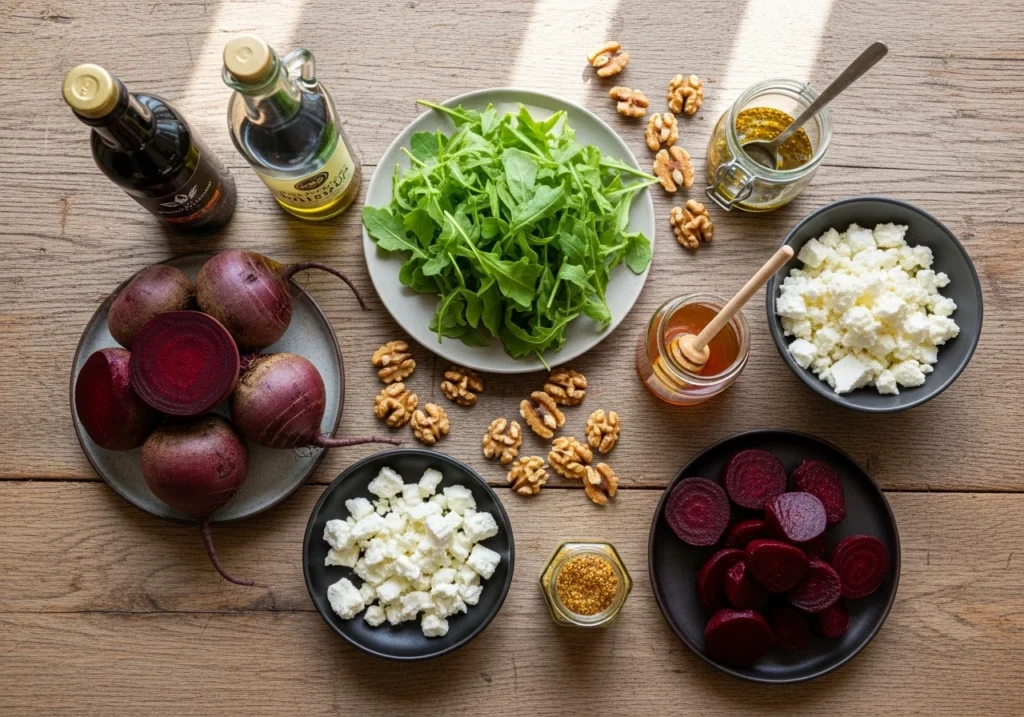 Ingredients for roasted beet salad with feta and balsamic dressing