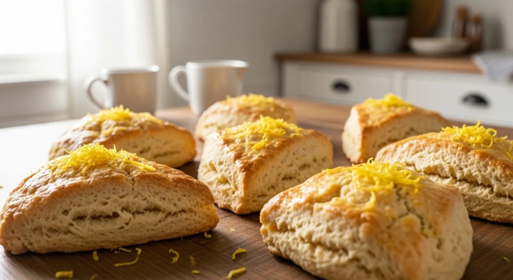 Homemade lemon scones with golden crust and fresh lemon zest on a rustic table.