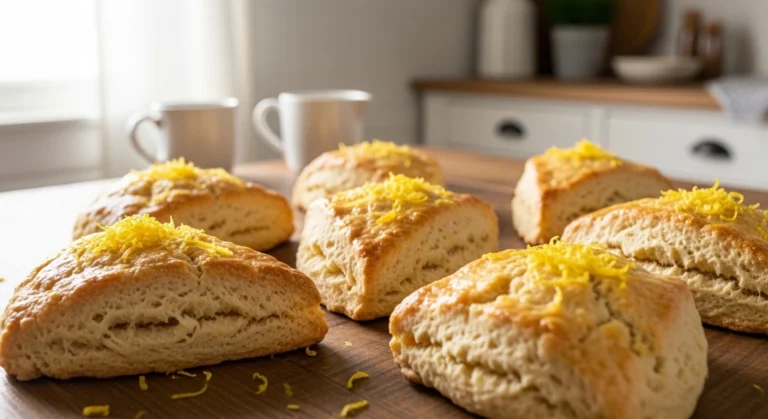 Homemade lemon scones with golden crust and fresh lemon zest on a rustic table.