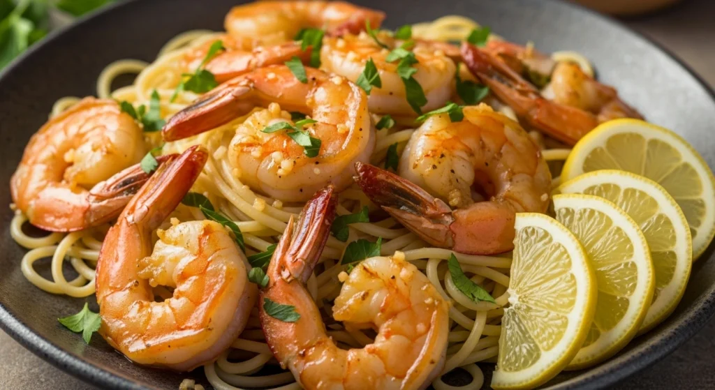 Garlic butter shrimp pasta served on a white plate with lemon and parsley.