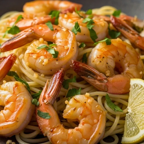 Garlic butter shrimp pasta served on a white plate with lemon and parsley.
