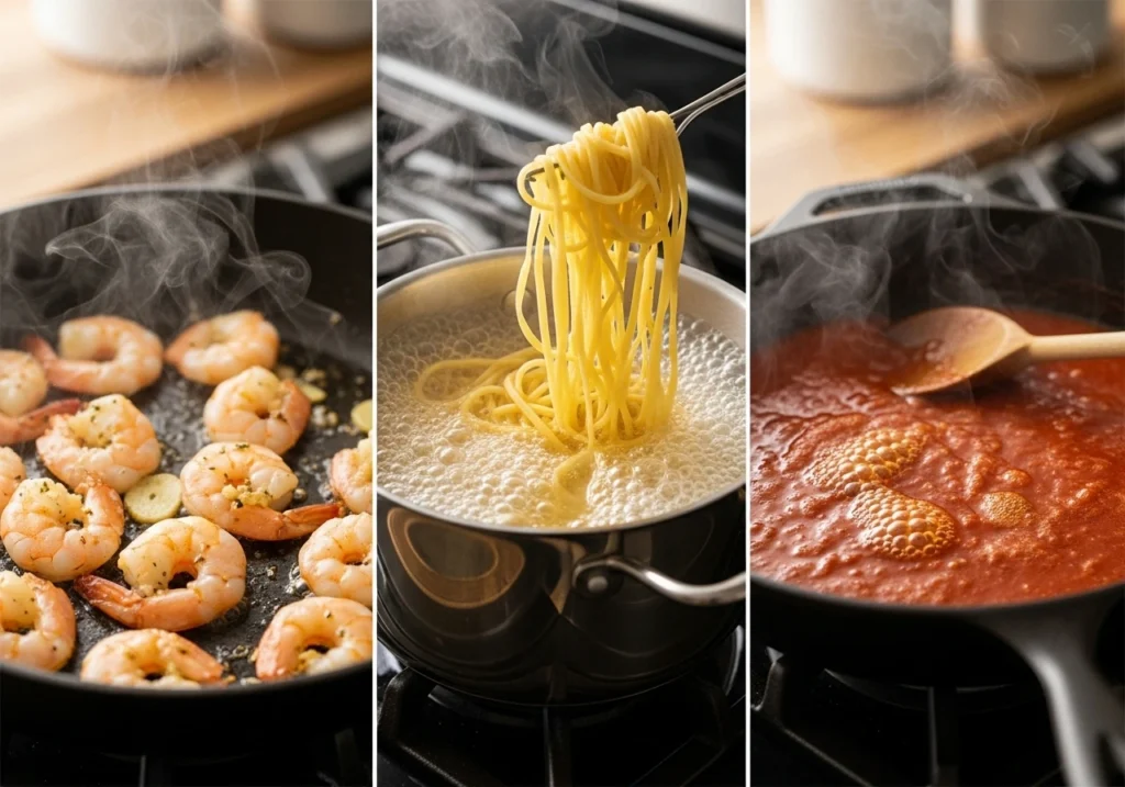Step-by-step images showing shrimp cooking, pasta boiling, and the garlic butter sauce in a skillet.