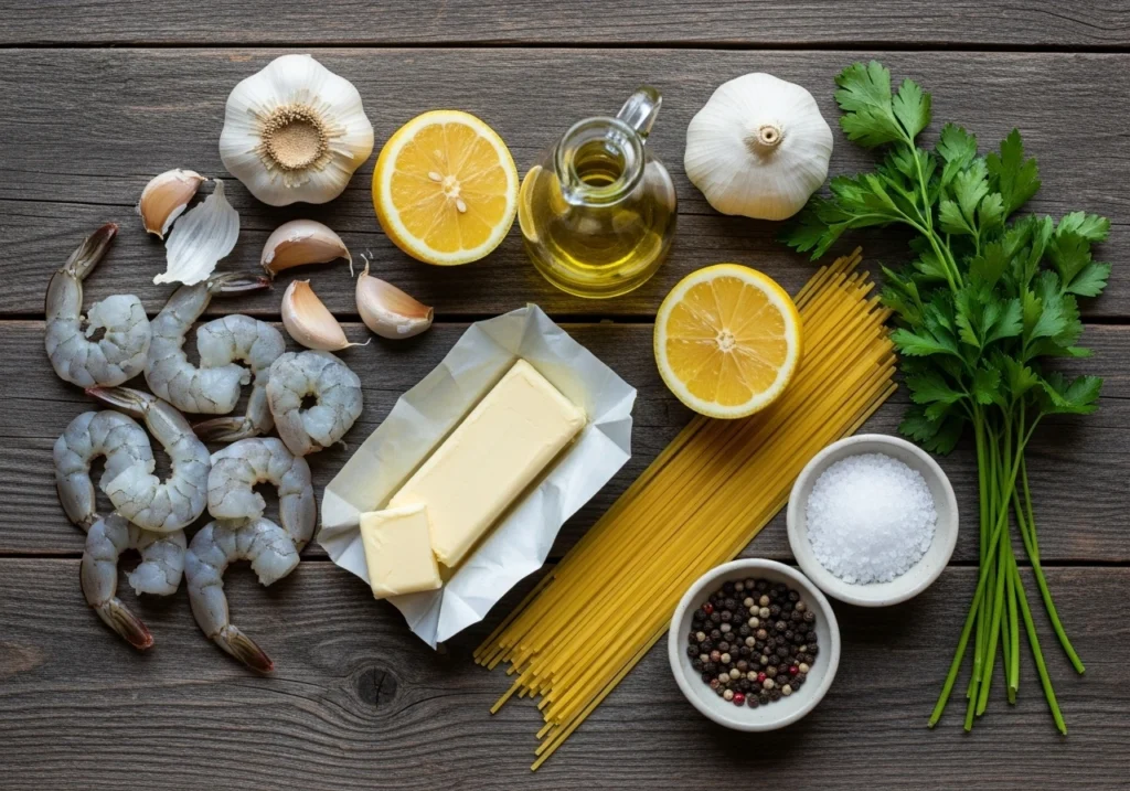 Ingredients for garlic butter shrimp pasta arranged neatly on a kitchen surface.