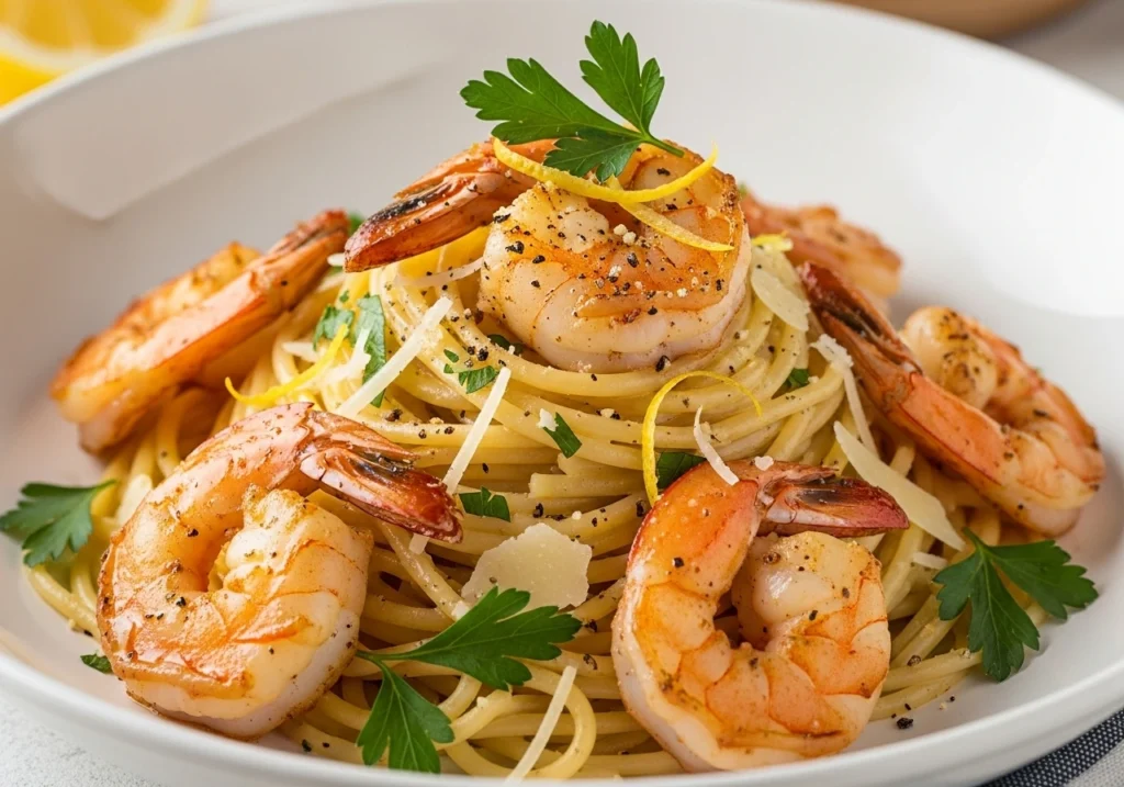 A warm and inviting serving of garlic butter shrimp pasta on a rustic table.