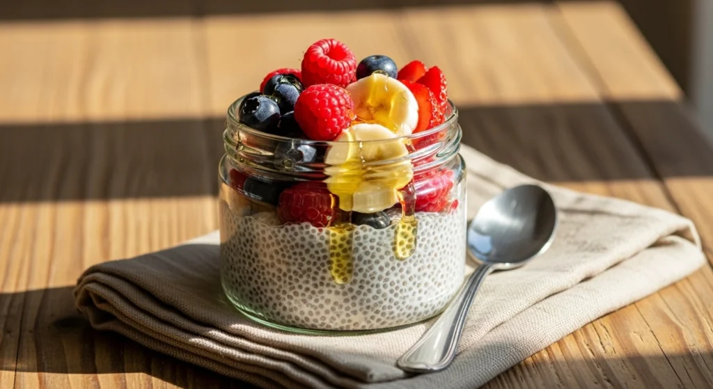 5-minute chia pudding in a glass jar topped with berries and banana on a rustic breakfast table.