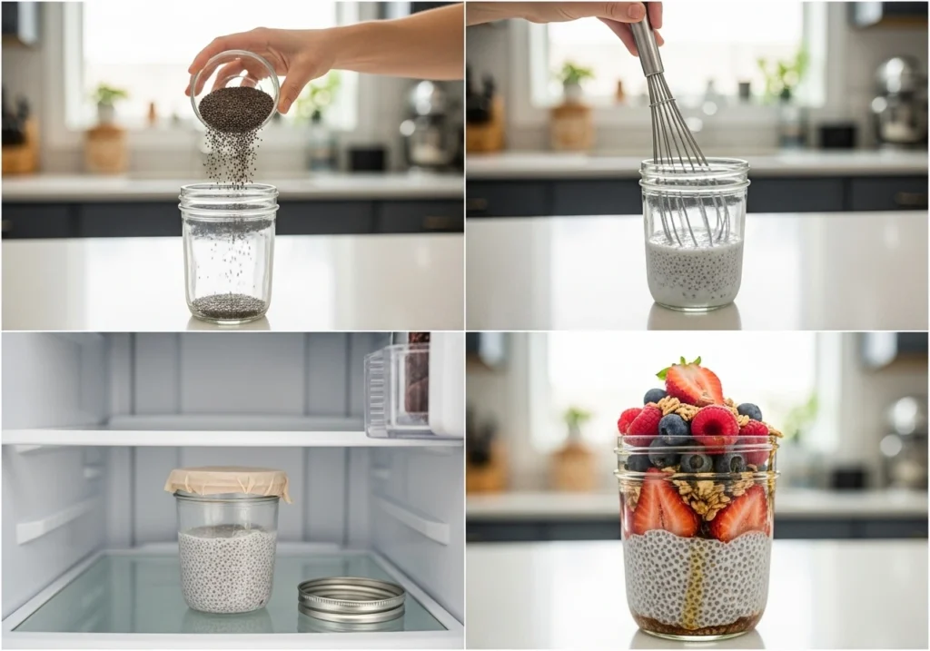 Step-by-step process showing how to make chia pudding in a jar with milk and chia seeds.