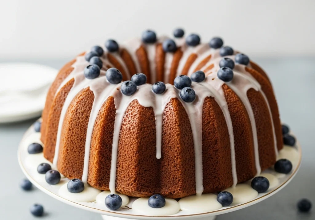 Lemon blueberry bundt cake with glaze and blueberries on a cake stand.