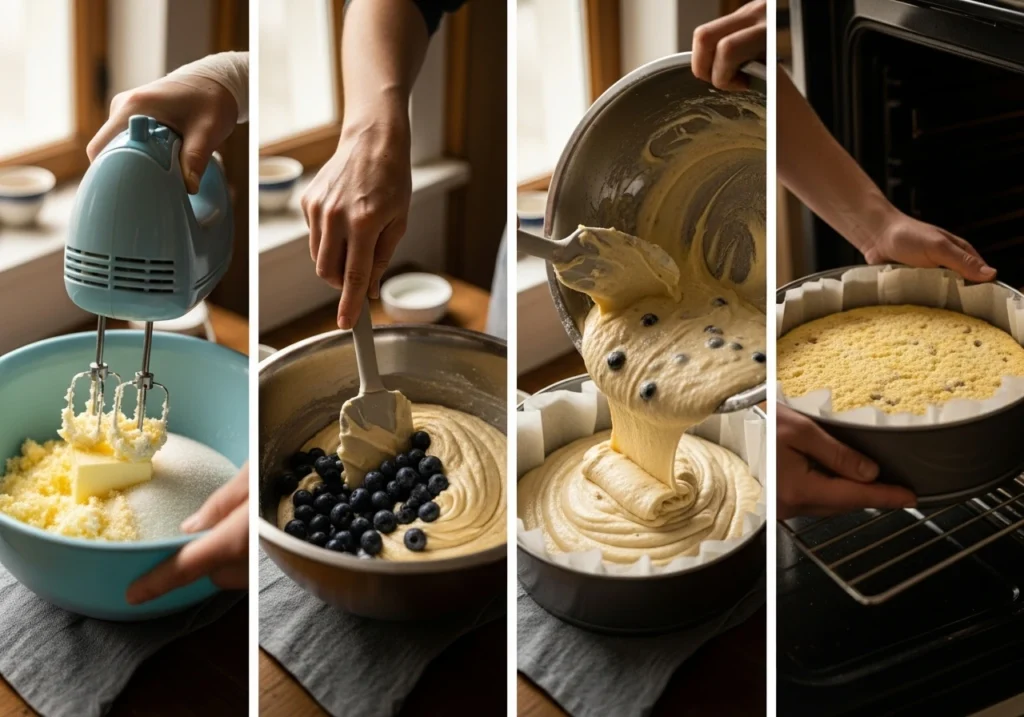Step-by-step process of mixing and preparing lemon blueberry cake batter.