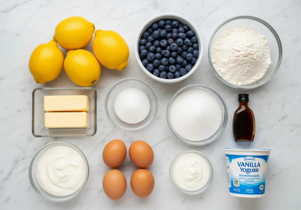 Ingredients for lemon blueberry cake arranged on a marble surface.