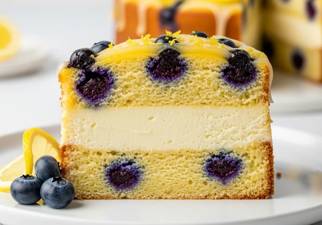 Slice of lemon blueberry cheesecake cake showing layered interior.