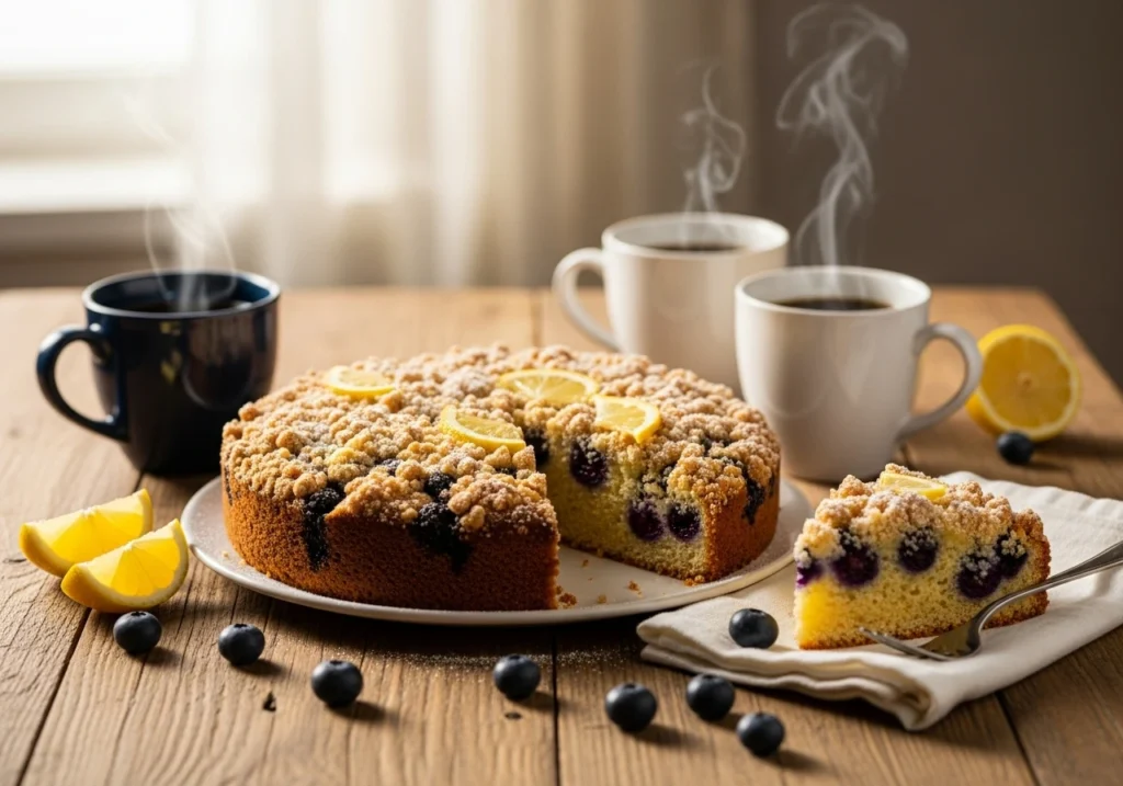 Lemon blueberry coffee cake with crumb topping served with coffee.