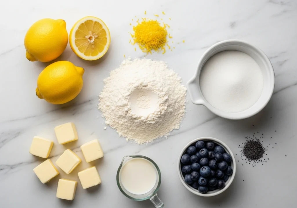 Ingredients for lemon scones, including lemons, flour, butter, cream, and blueberries displayed neatly.