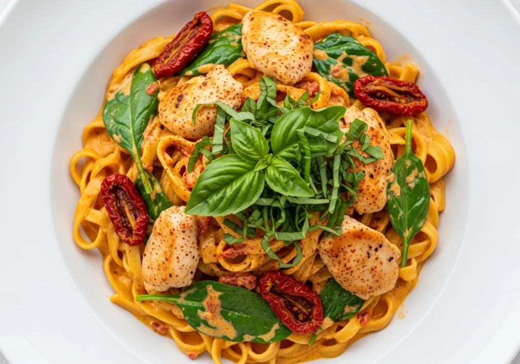 Creamy Tuscan chicken pasta garnished with fresh basil on a white plate.