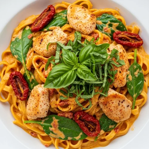 Creamy Tuscan chicken pasta garnished with fresh basil on a white plate.