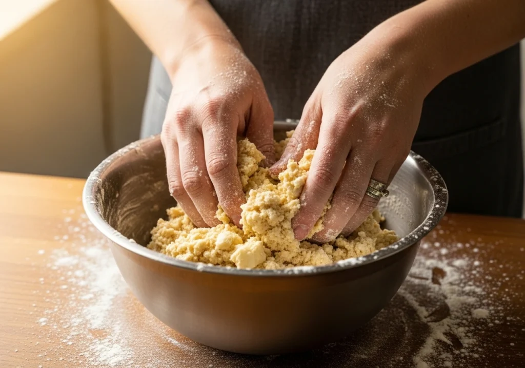 Hands preparing lemon scone dough with lemon zest and blueberries.
