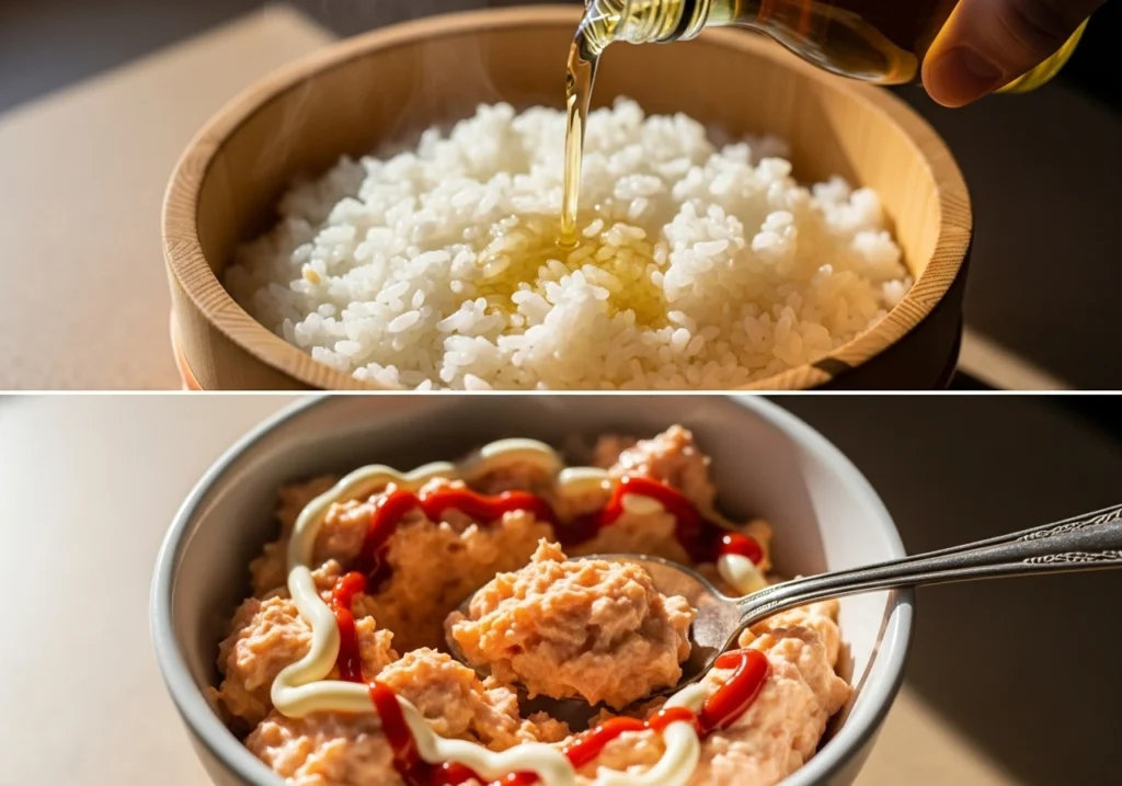 Seasoned sushi rice and creamy salmon mixture ready for assembling the sushi bake.