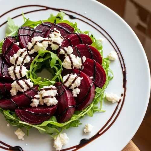 Roasted beet salad with feta and balsamic glaze served on a white plate