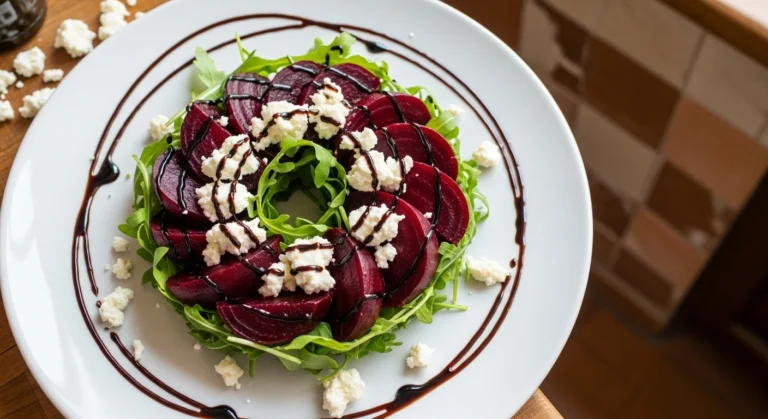 Roasted beet salad with feta and balsamic glaze served on a white plate