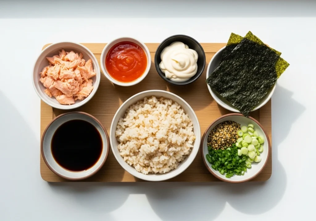 Ingredients for salmon sushi bake arranged neatly on a wooden board.
