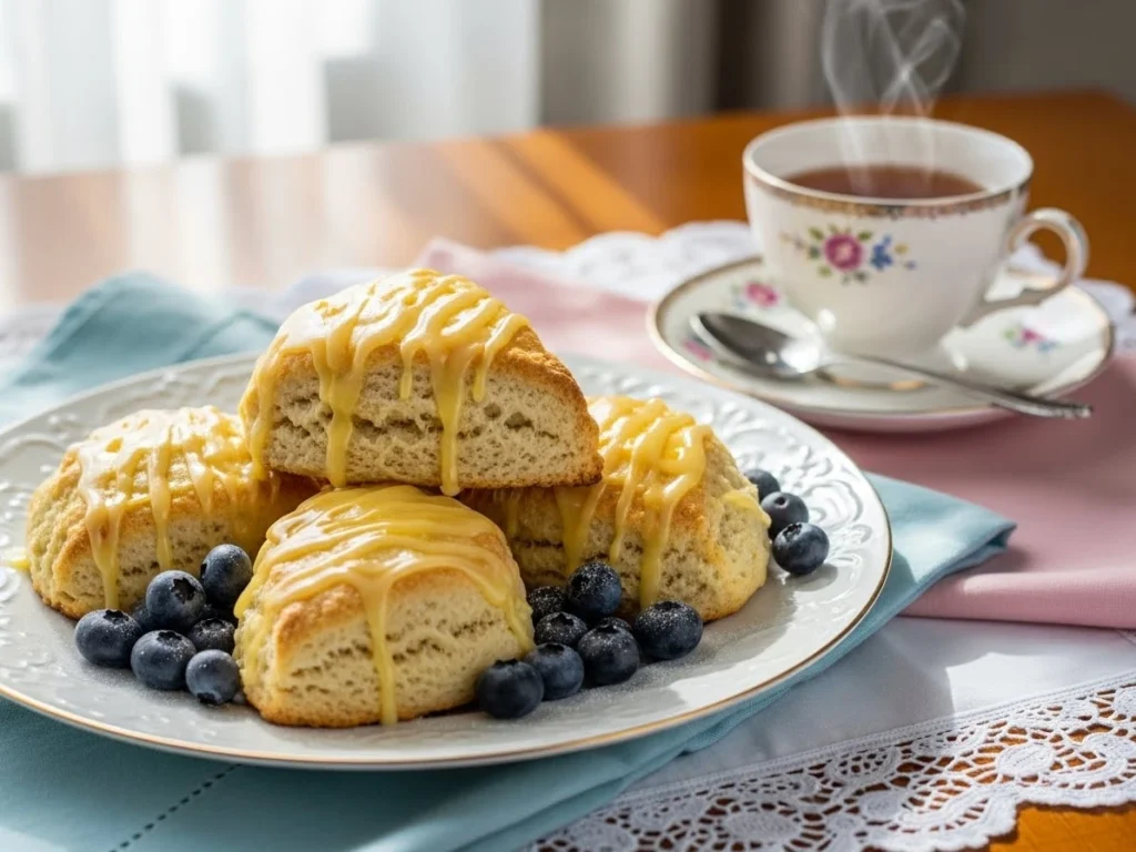 Served lemon scones with glaze and a cup of tea.