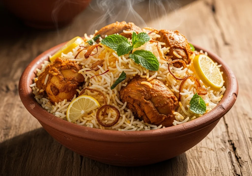 Served chicken biryani with raita, mint, and lemon on the side