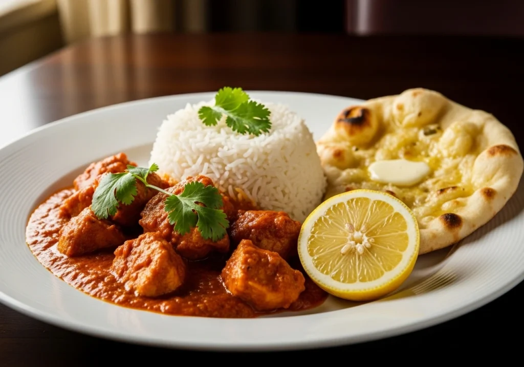 Chicken tikka masala served with basmati rice, naan, and fresh cilantro garnish.