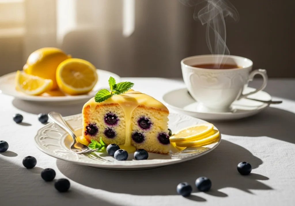 Sliced lemon blueberry cake served on plates with glaze and fresh berries.