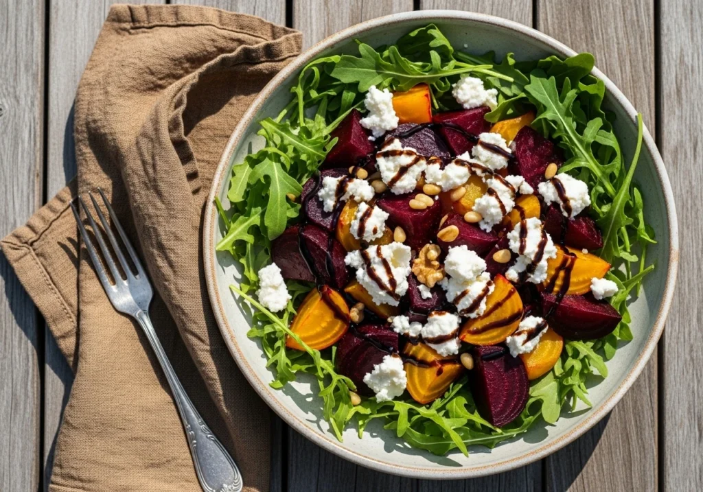 Serving bowl of roasted beet salad with feta and balsamic glaze