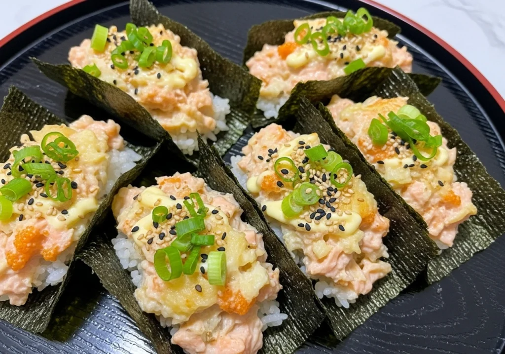 Serving salmon sushi bake on nori sheets with garnishes.