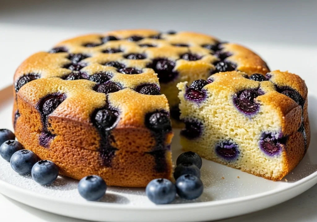 Sugar-free lemon blueberry pudding cake with moist texture.