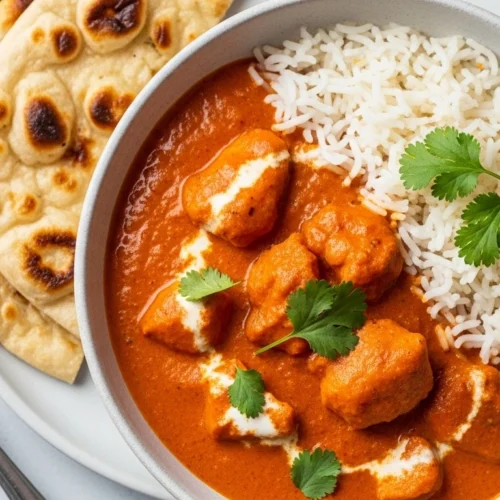 The best chicken tikka masala recipe served with rice and naan, topped with cilantro.