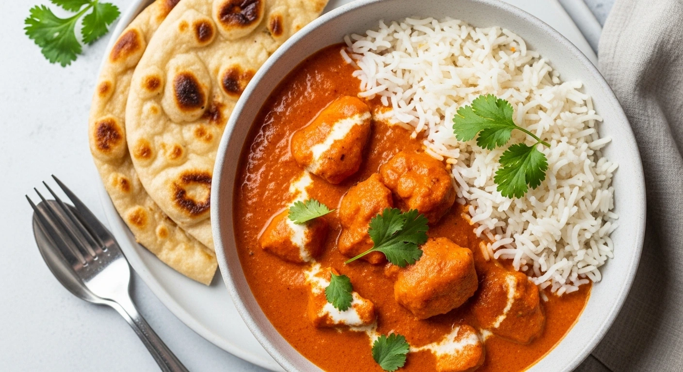 The best chicken tikka masala recipe served with rice and naan, topped with cilantro.