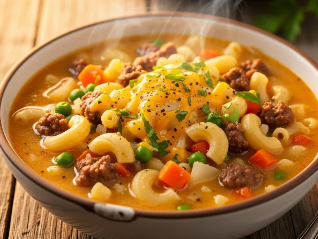 Cheeseburger macaroni soup with pasta, beef, and melted cheese.