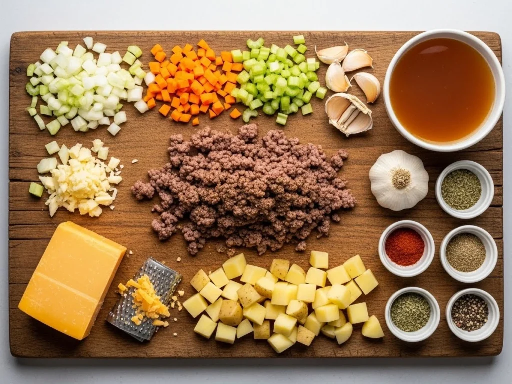 Ingredients for cheeseburger soup arranged neatly on a wooden board.