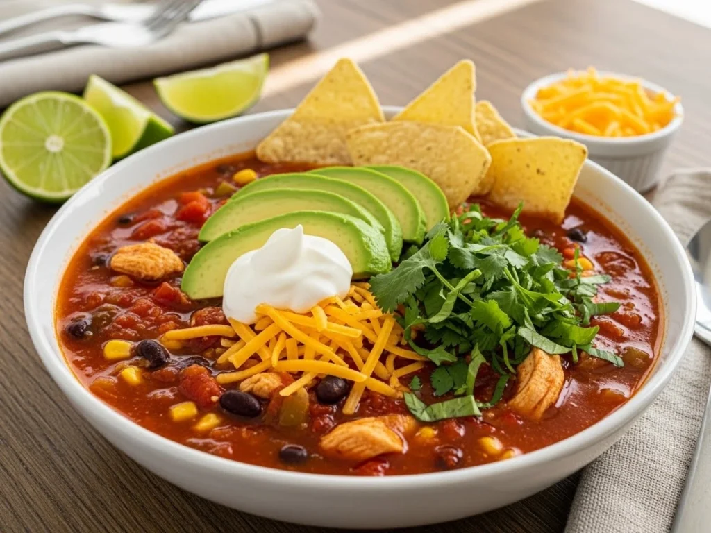 Chicken taco soup served with tortilla chips and toppings