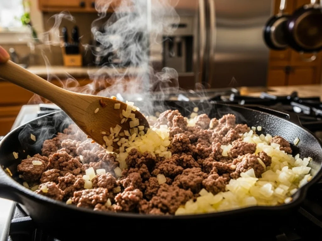 Cooking ground beef and rice together in a pan step by step.