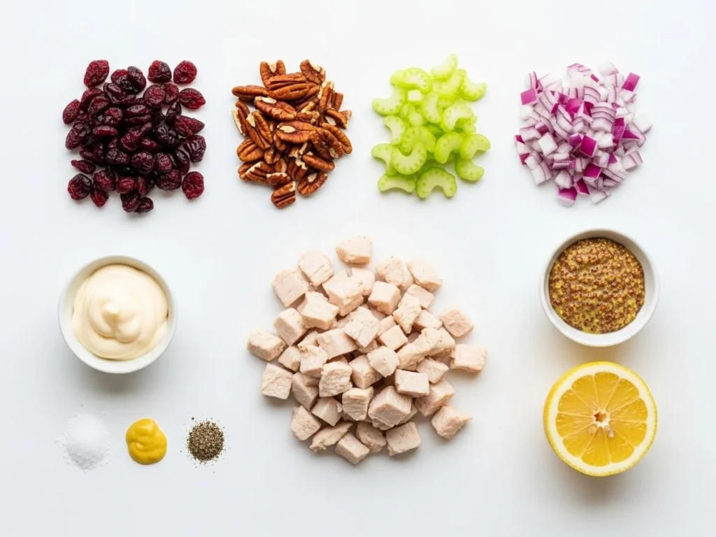 Ingredients for cranberry chicken salad arranged neatly on a flat surface.