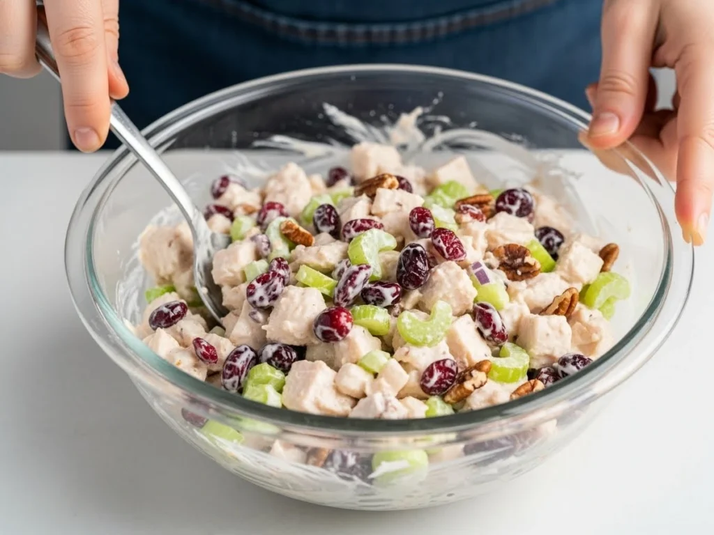 Hands mixing cranberry chicken salad in a glass bowl.